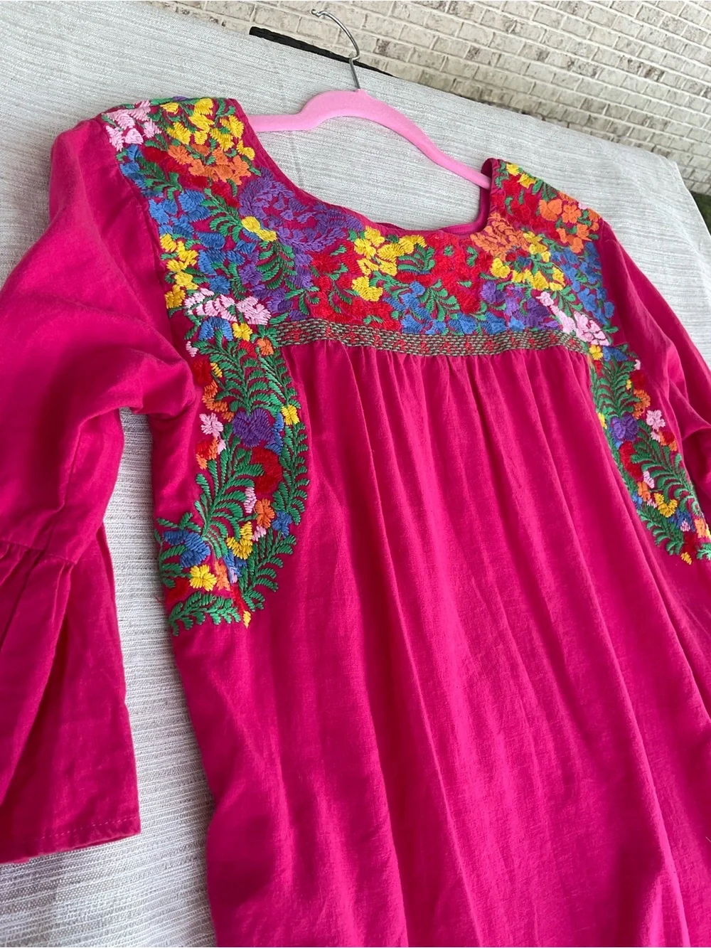 Small Linen‎ blend embroidered hot pink fuchsia dress with pockets boho resort